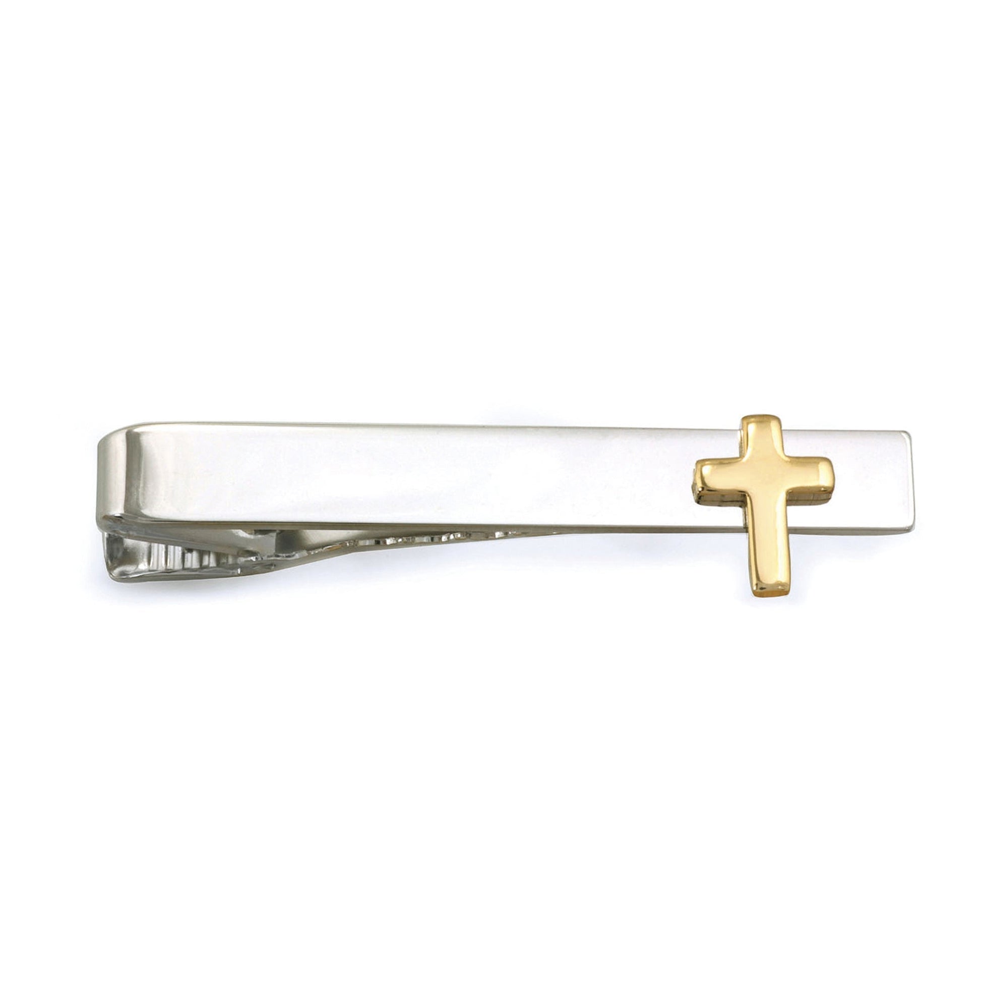 A tie bar with cross displayed on a neutral white background.