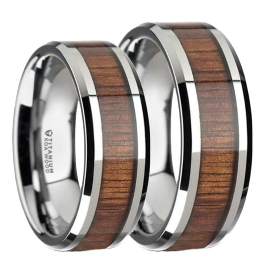 Titanium Couple's Matching Wedding Band Set with Koa Wood Inlay