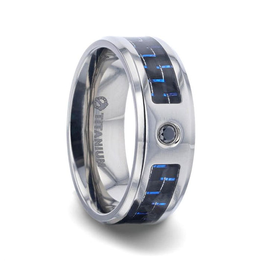 Titanium Men's Wedding Band with Black & Blue Carbon Fiber Inlay and Black Sapphire