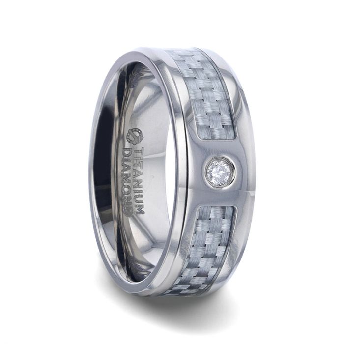Titanium Men's Wedding Band with Gray Carbon Fiber Inlay & Diamond