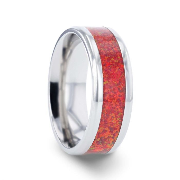 Titanium Men's Wedding Band with Red Opal Inlay