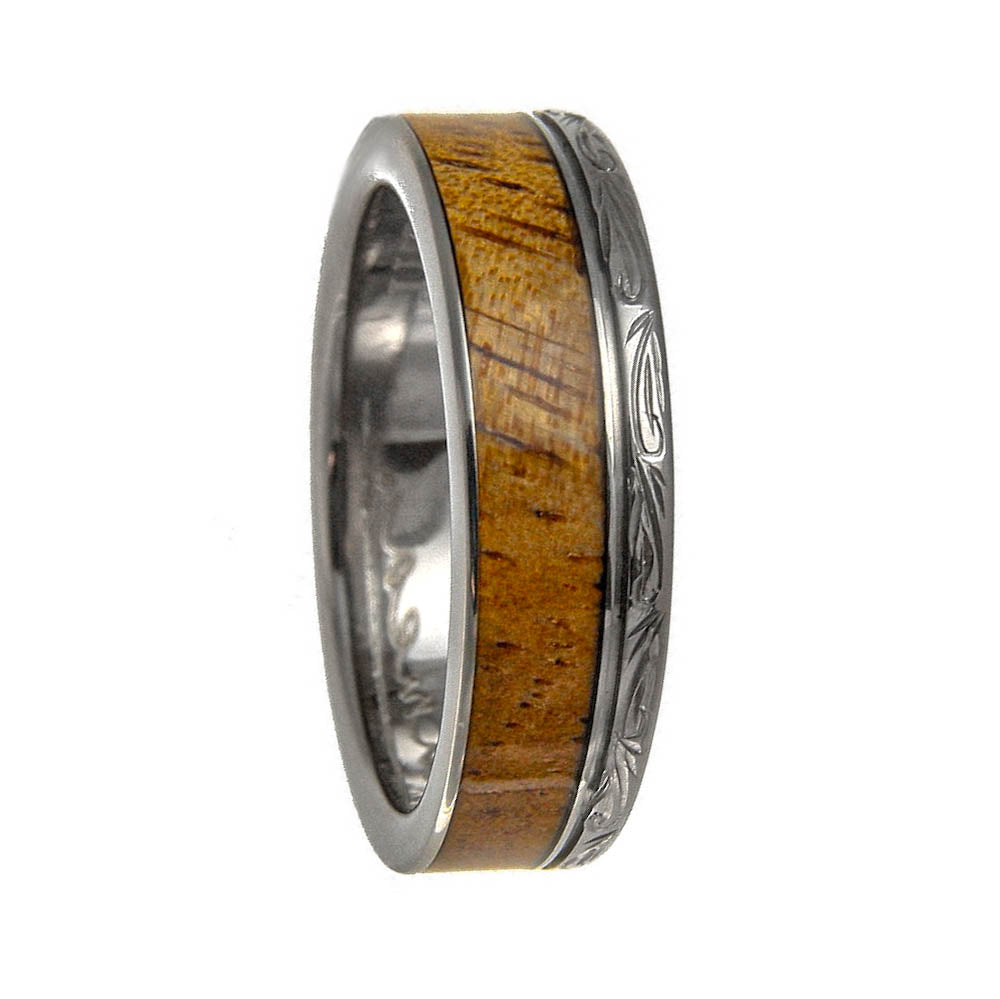 Engraved Scroll Pattern Titanium Wedding Band with Asymmetrical Koa Wood Inlay