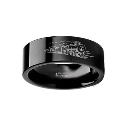 Train & Railroad Engraved Black Tungsten Wedding Band