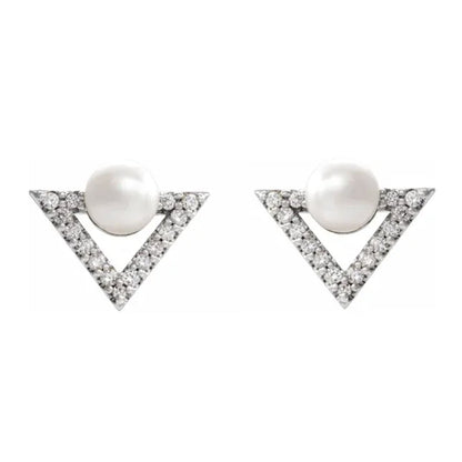 Triangle Pearl & Diamond Earrings in Sterling Silver