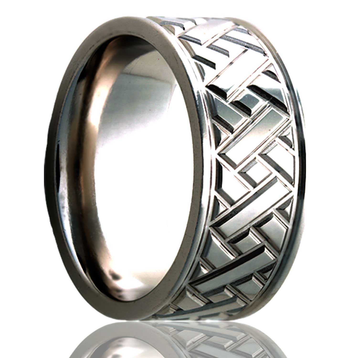 A grooved diagonal pattern titanium wedding band displayed on a neutral white background.