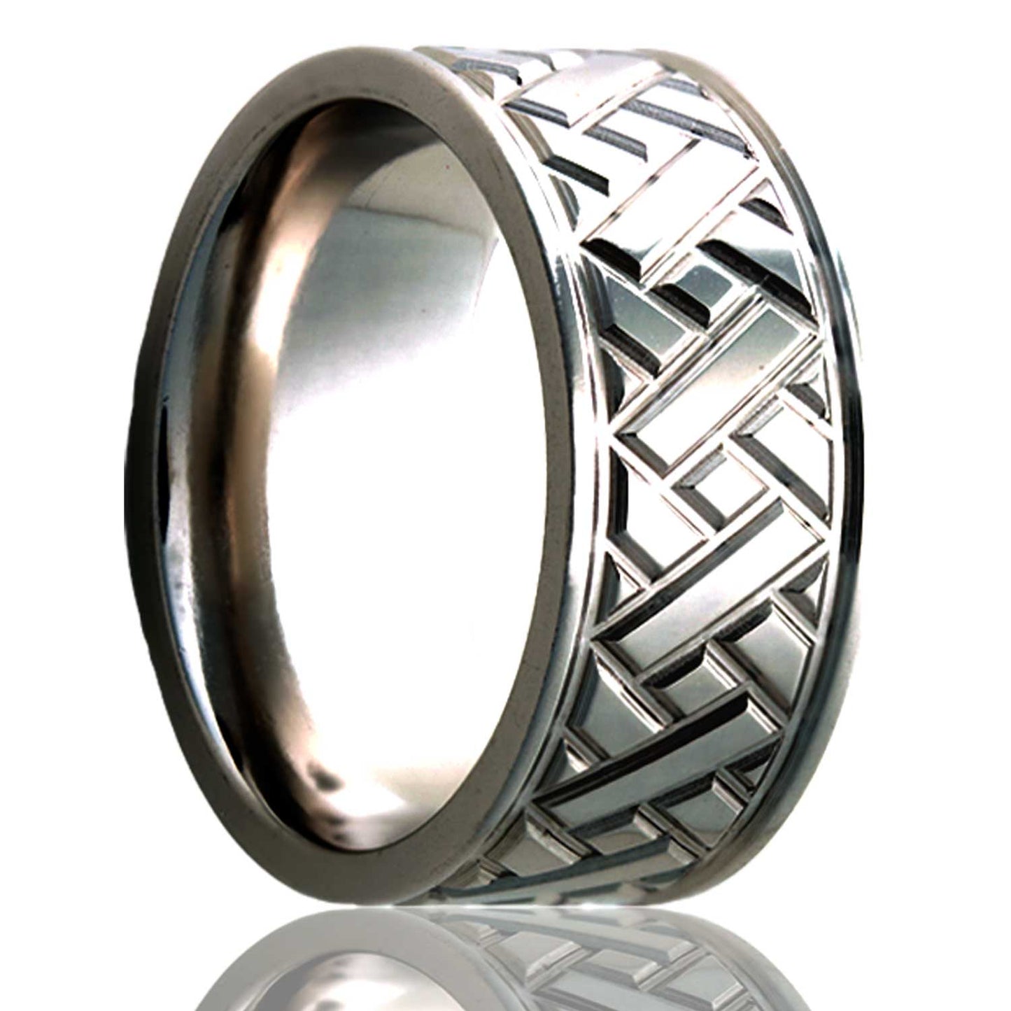 A grooved diagonal pattern cobalt wedding band displayed on a neutral white background.