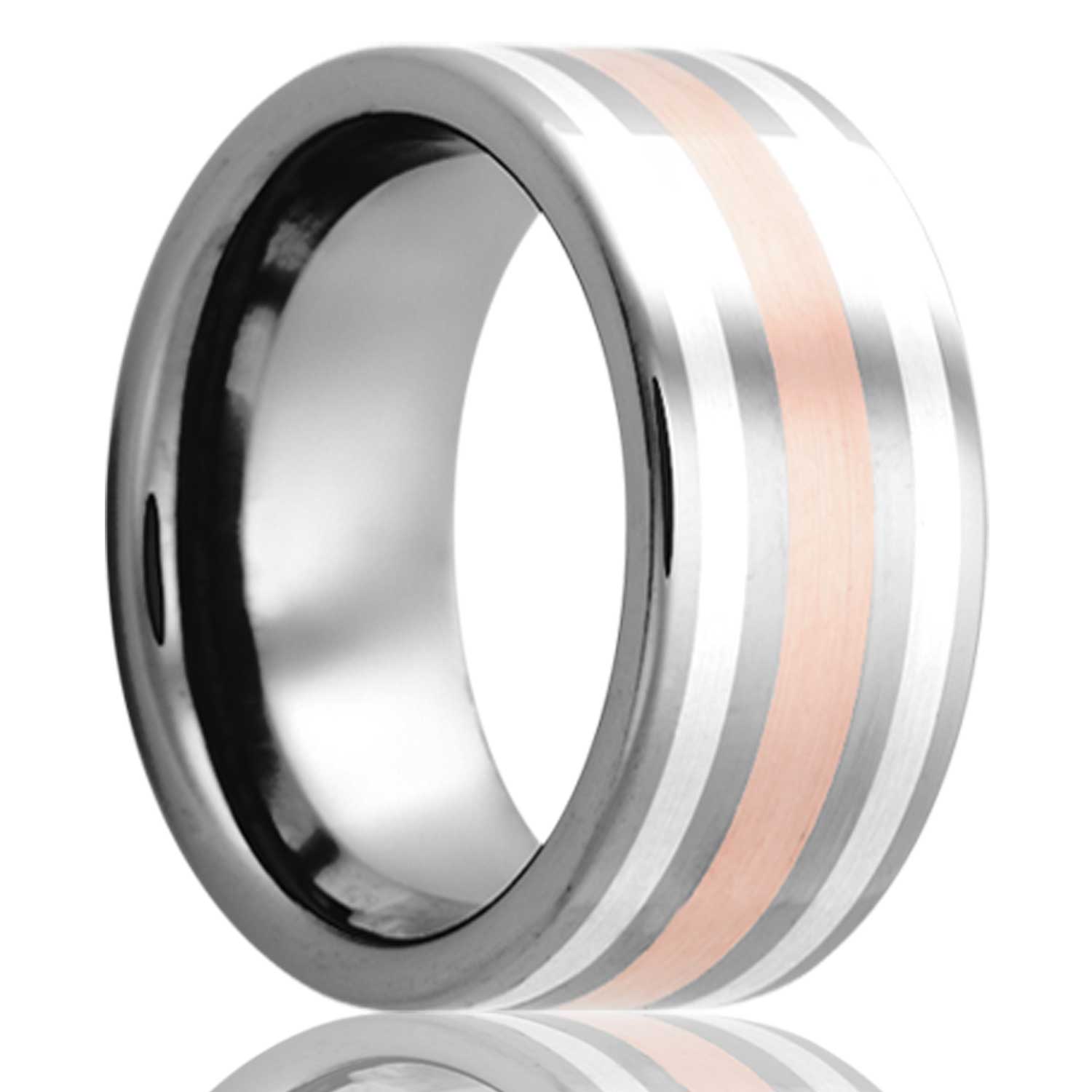 A argentium silver & 14k rose gold inlay cobalt men's wedding band displayed on a neutral white background.