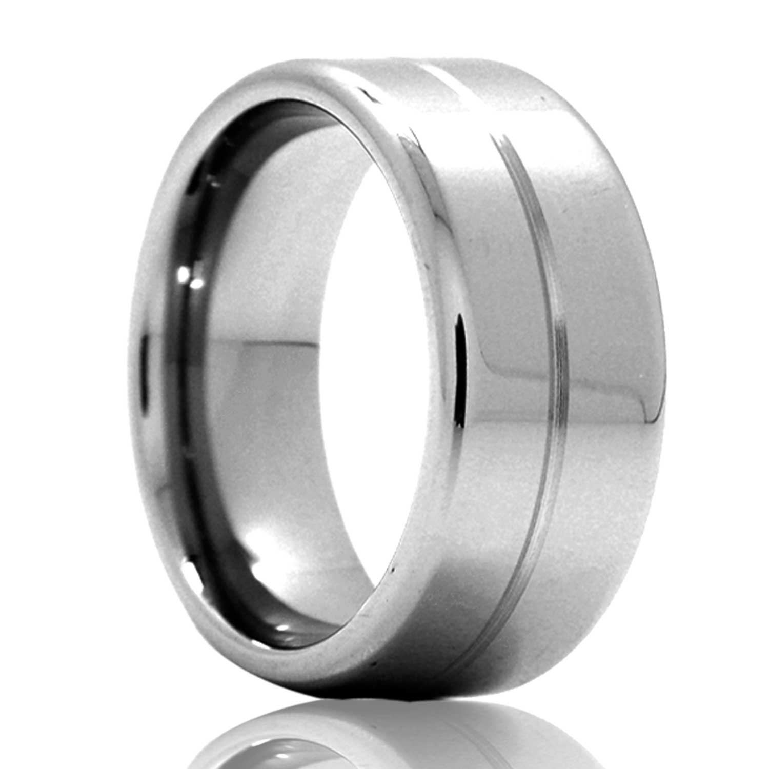 A center grooved tungsten wedding band displayed on a neutral white background.