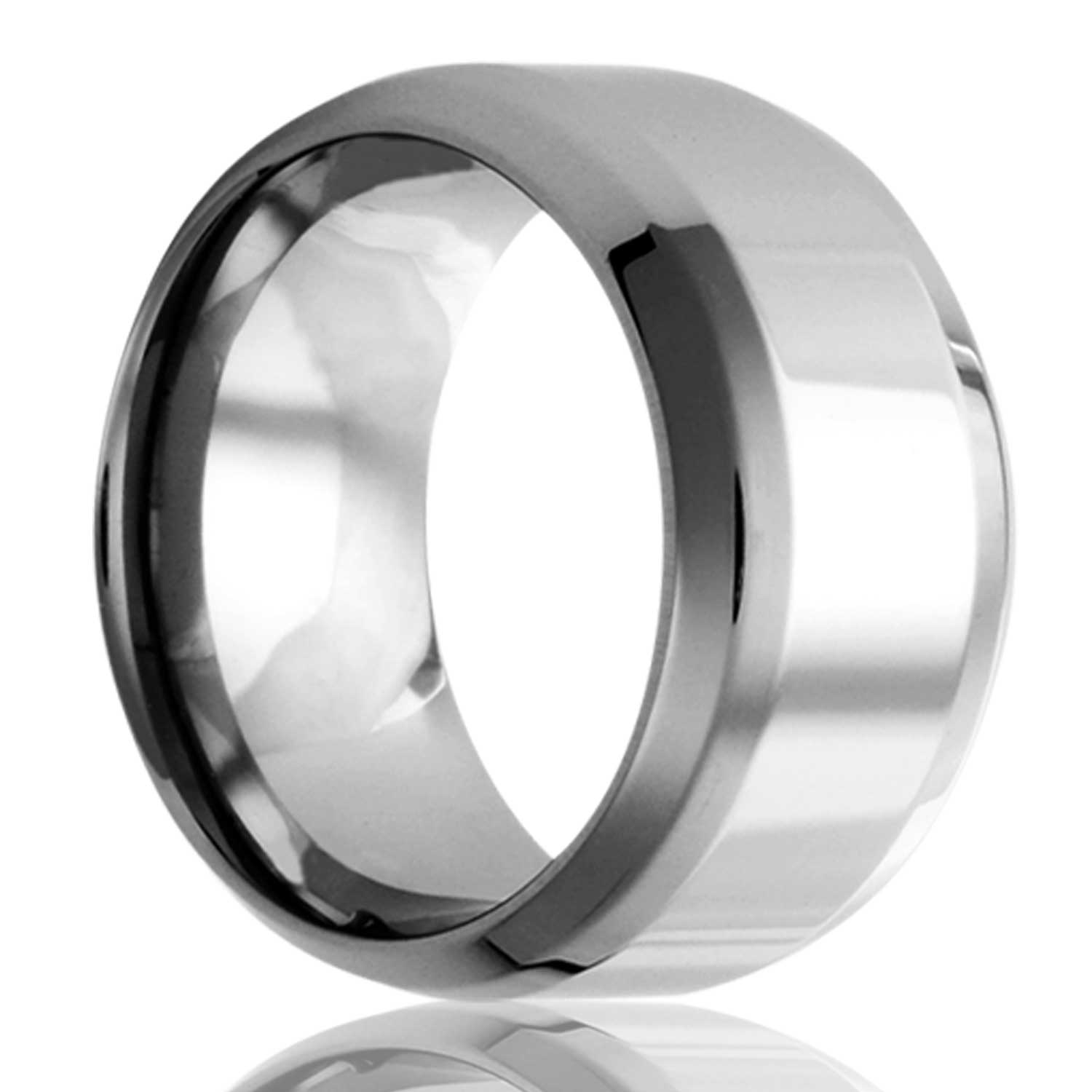 A beveled edges tungsten wedding band displayed on a neutral white background.