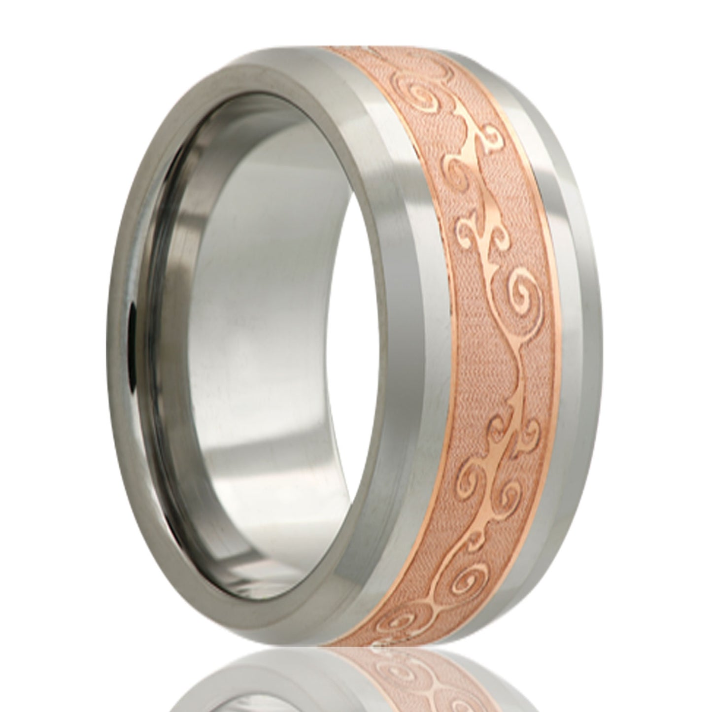 A scroll pattern copper inlay tungsten men's wedding band with beveled edges displayed on a neutral white background.
