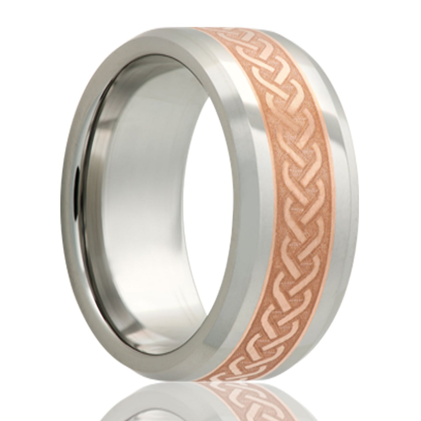 A celtic pattern copper inlay tungsten men's wedding band with beveled edges displayed on a neutral white background.