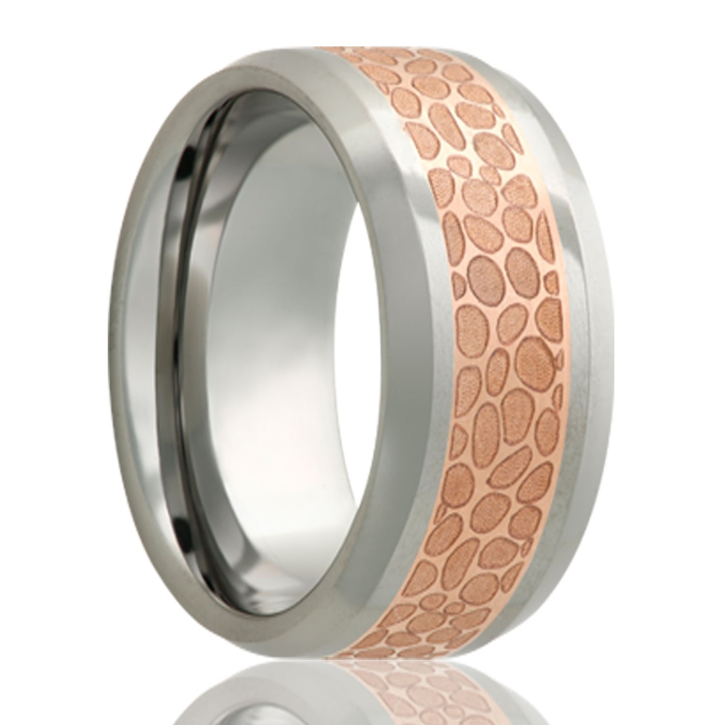 A copper inlay tungsten men's wedding band with beveled edges displayed on a neutral white background.