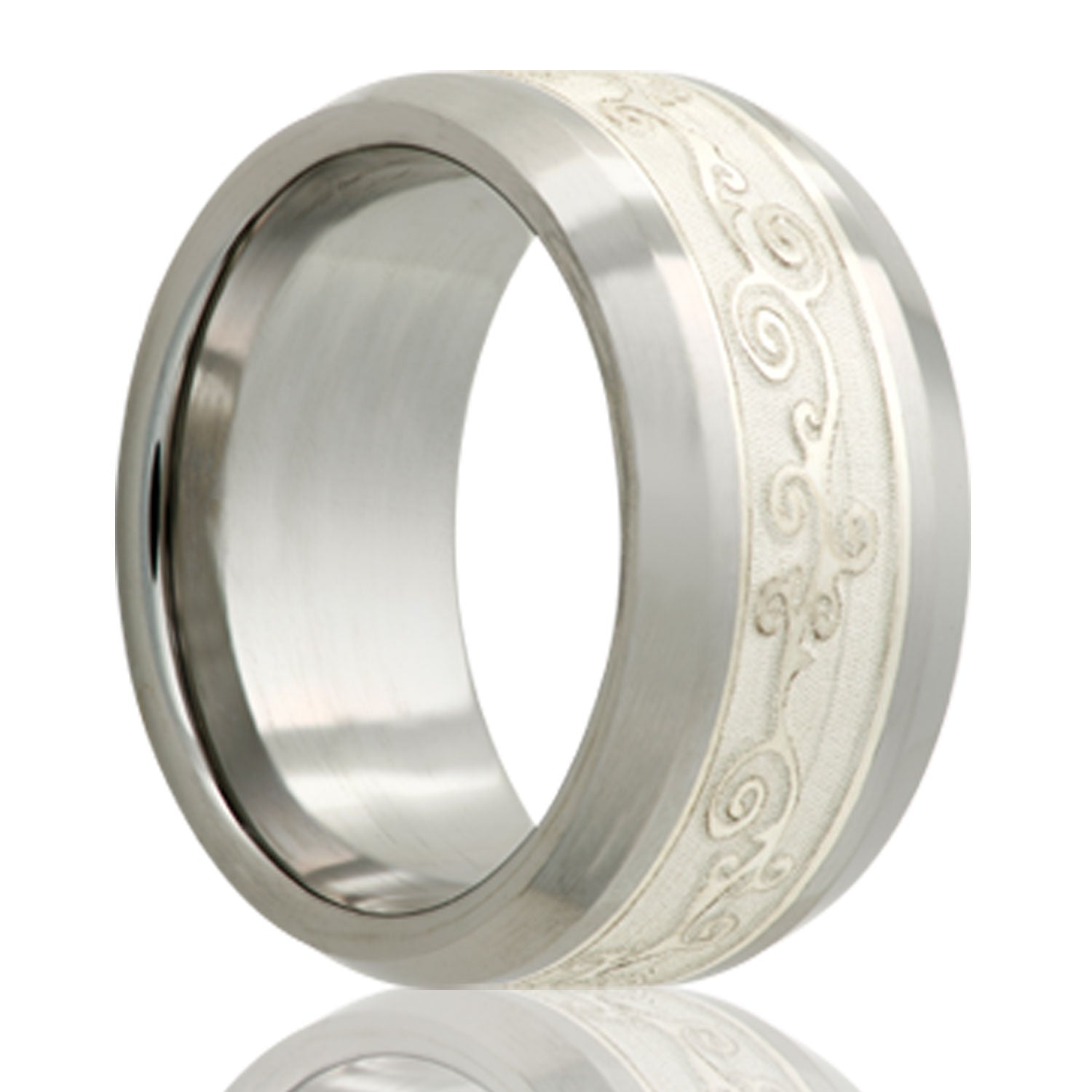 A scroll pattern silver inlay tungsten men's wedding band with beveled edges displayed on a neutral white background.
