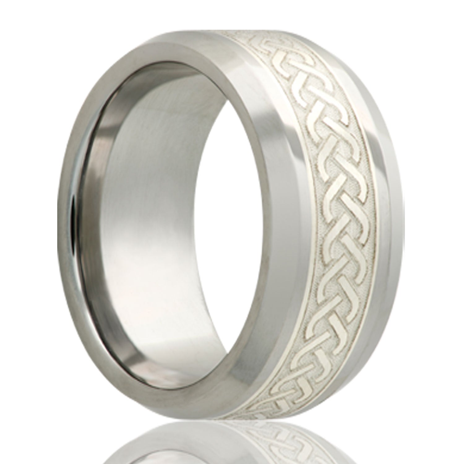 A celtic knot silver inlay tungsten men's wedding band with beveled edges displayed on a neutral white background.