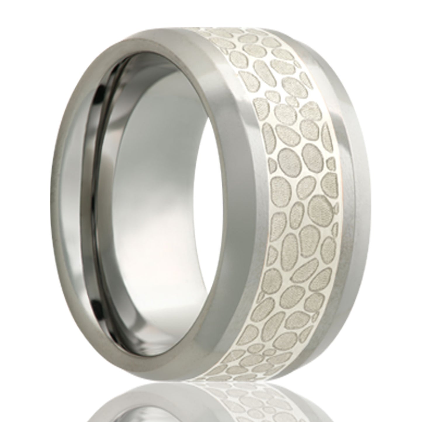 A hammered silver inlay tungsten men's wedding band with beveled edges displayed on a neutral white background.