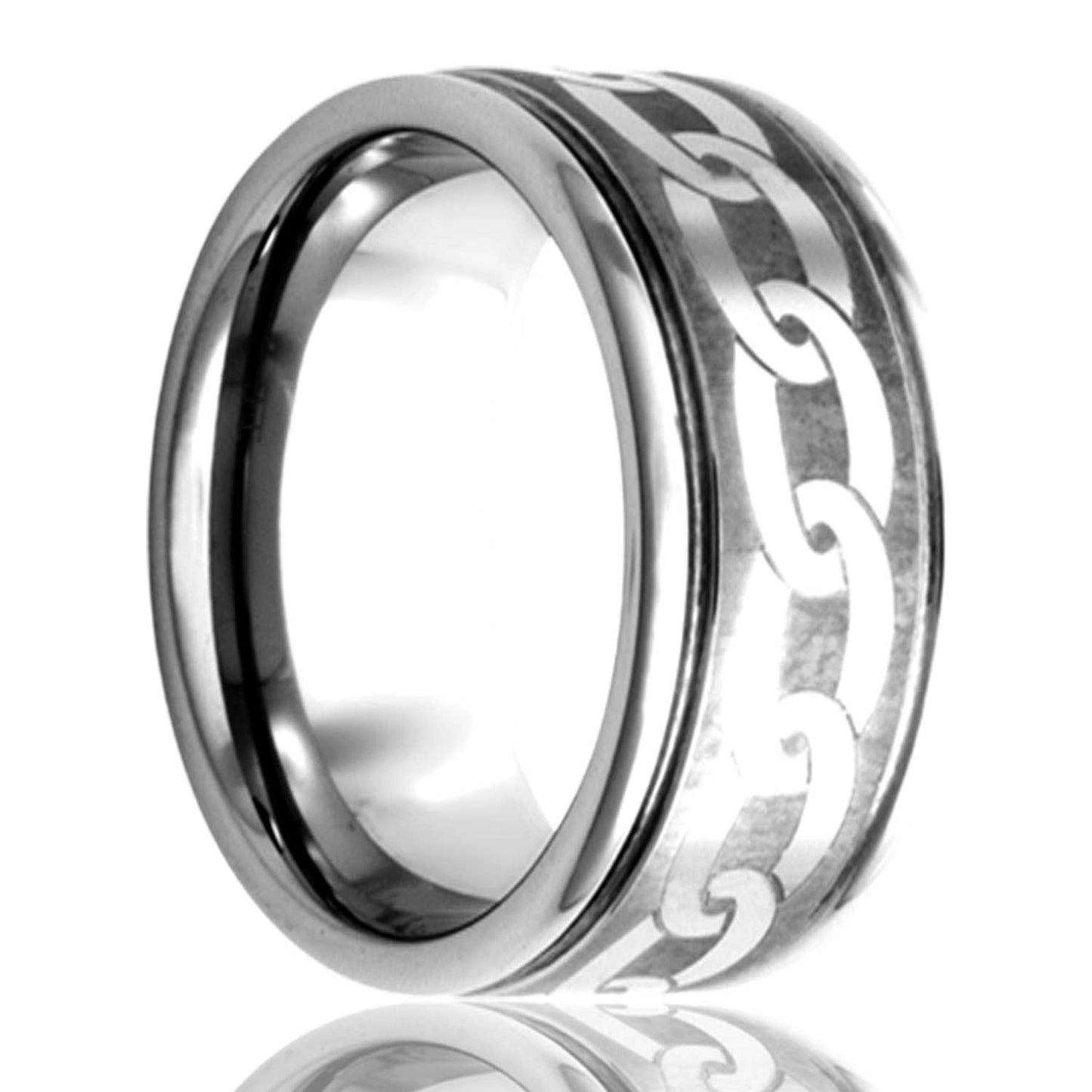 A chain pattern grooved tungsten wedding band displayed on a neutral white background.