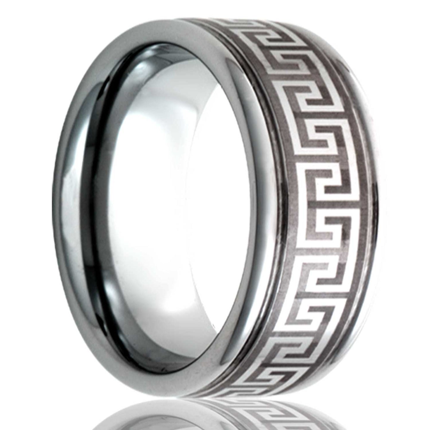A greek key grooved tungsten wedding band displayed on a neutral white background.