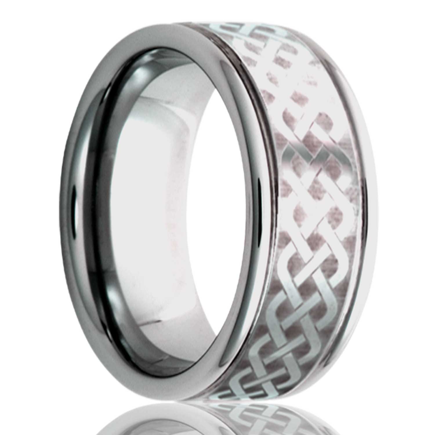 A celtic sailor's knot grooved tungsten wedding band displayed on a neutral white background.