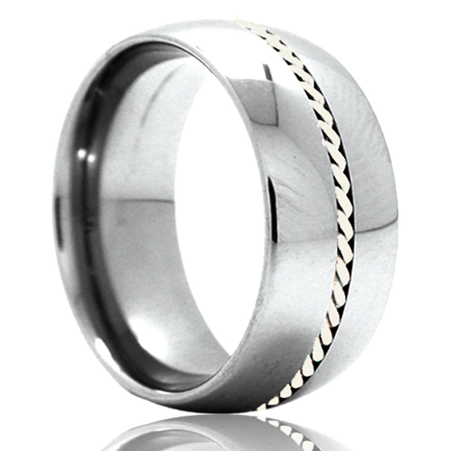 A woven platinum inlay domed tungsten wedding band displayed on a neutral white background.