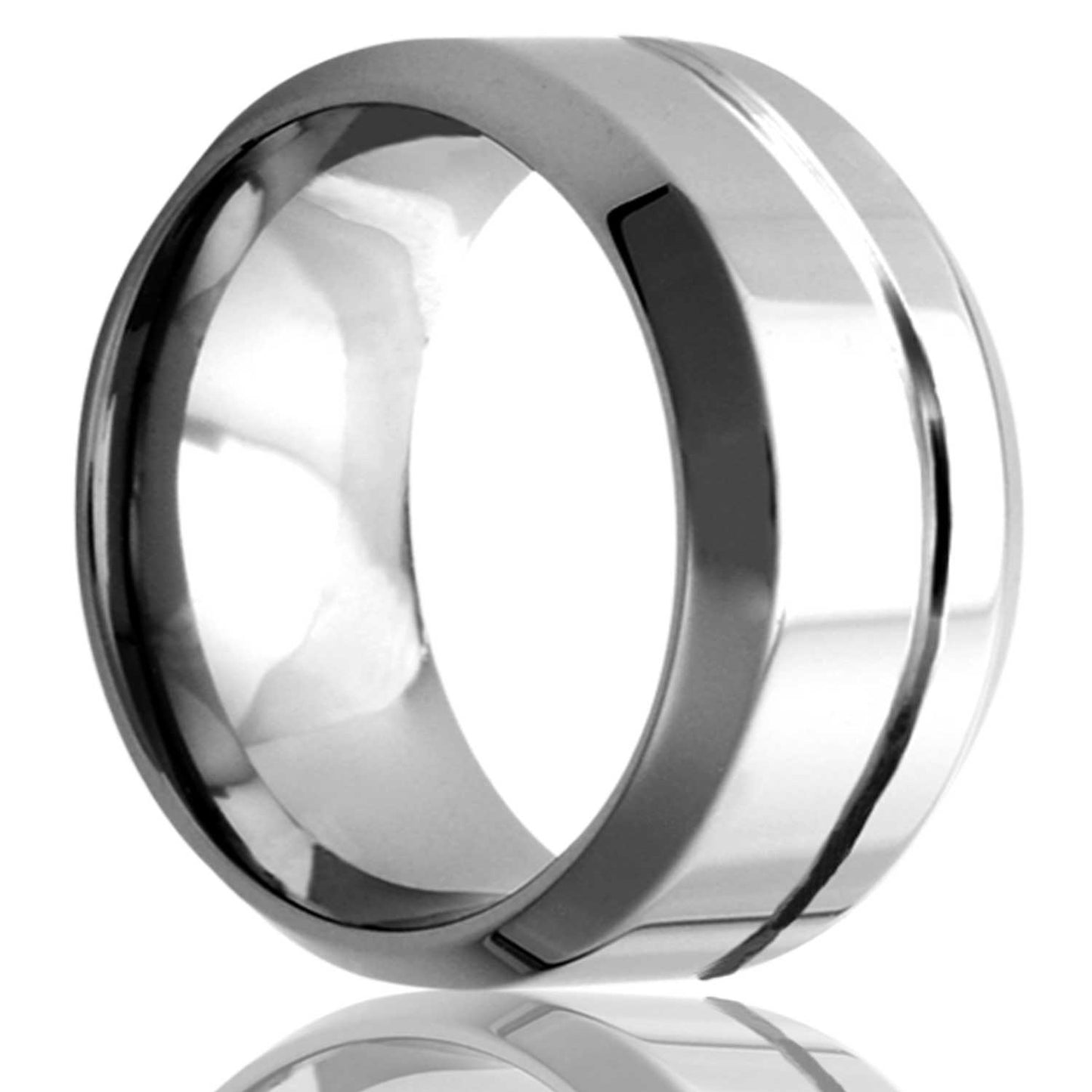 A grooved tungsten wedding band with beveled edges displayed on a neutral white background.