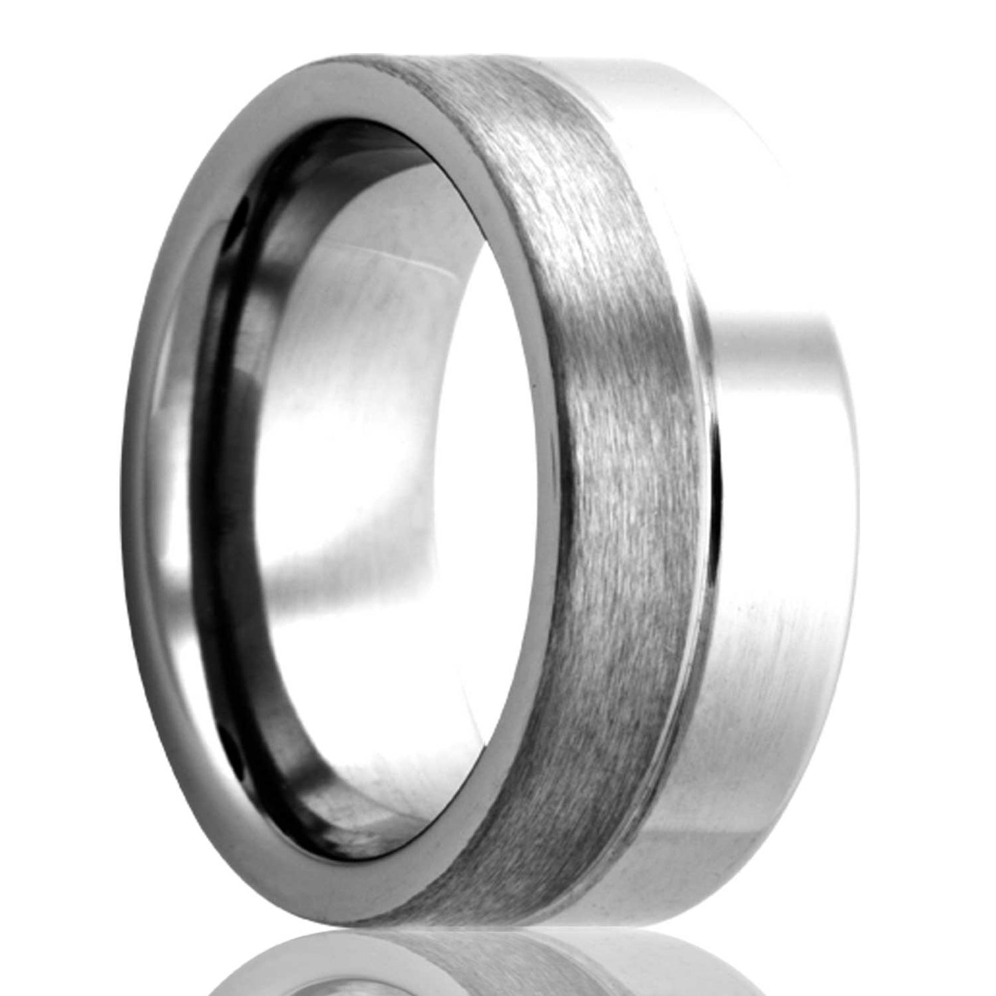 A grooved tungsten wedding band with half polished & satin finishes displayed on a neutral white background.