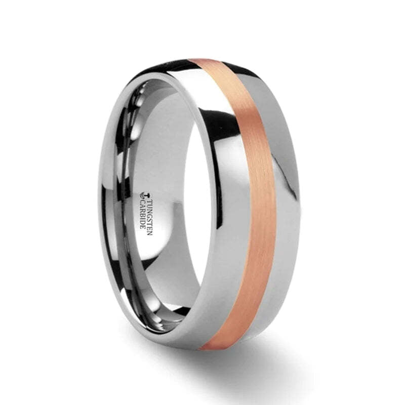 Tungsten Couple's Matching Wedding Band Set with 14k Rose Gold Inlay