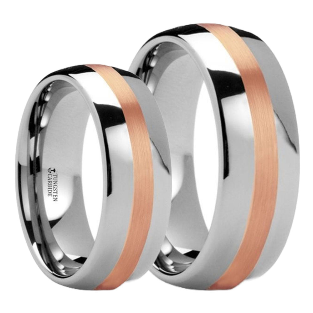 Tungsten Couple's Matching Wedding Band Set with 14k Rose Gold Inlay