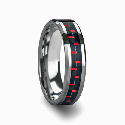 Tungsten Couple's Matching Wedding Band with Black & Red Carbon Fiber Inlay