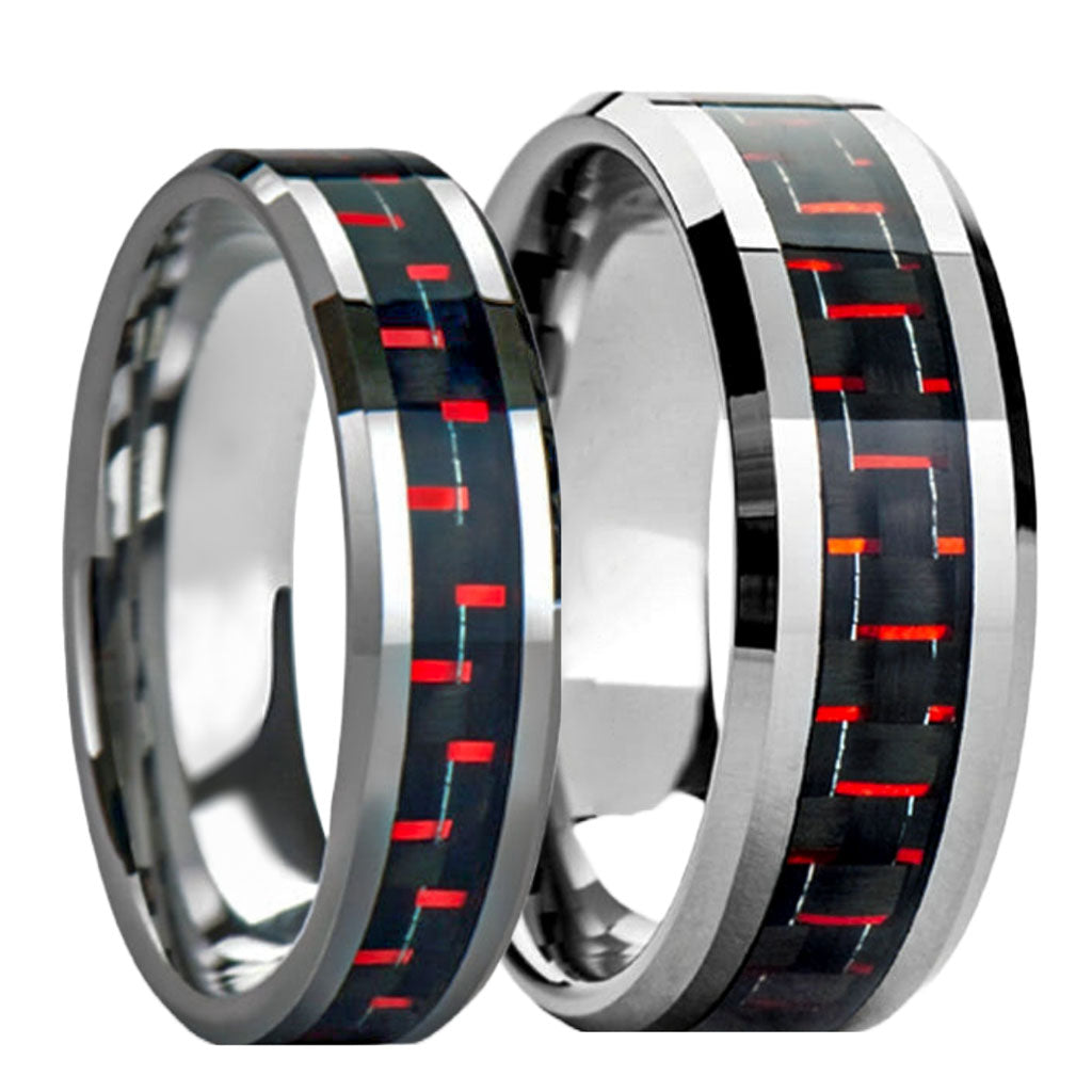 Tungsten Couple's Matching Wedding Band with Black & Red Carbon Fiber Inlay