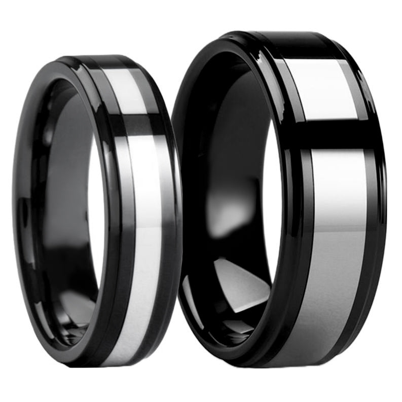 Tungsten Inlay Black Ceramic Couple's Matching Wedding Band Set