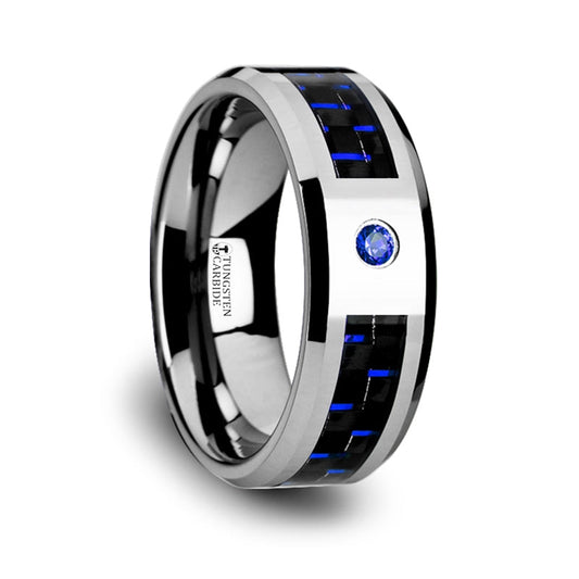 Tungsten Men's Wedding Band with Black & Blue Carbon Fiber and Sapphire