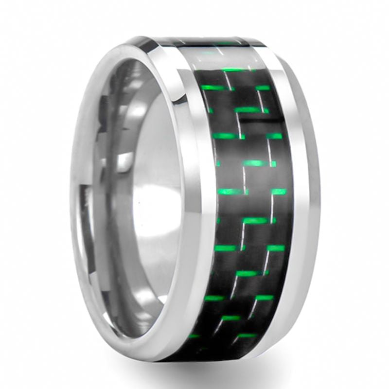 Alianza de boda de tungsteno para hombre con incrustaciones de fibra de carbono negra y verde