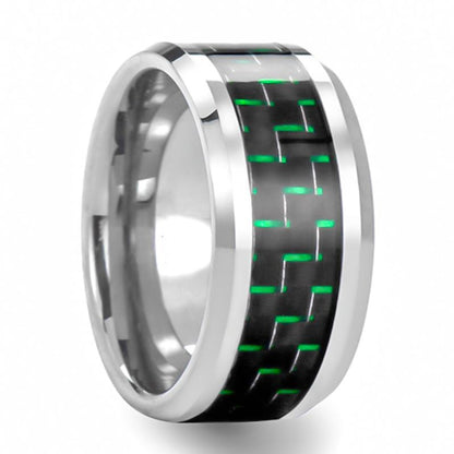 Tungsten Men's Wedding Band with Black & Green Carbon Fiber Inlay