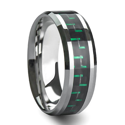Alianza de boda de tungsteno para hombre con incrustaciones de fibra de carbono negra y verde