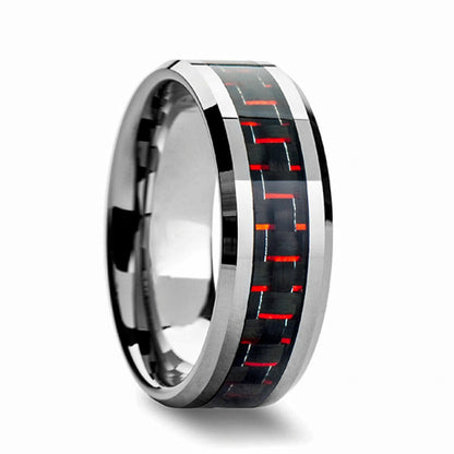 Tungsten Men's Wedding Band with Black & Red Carbon Fiber Inlay
