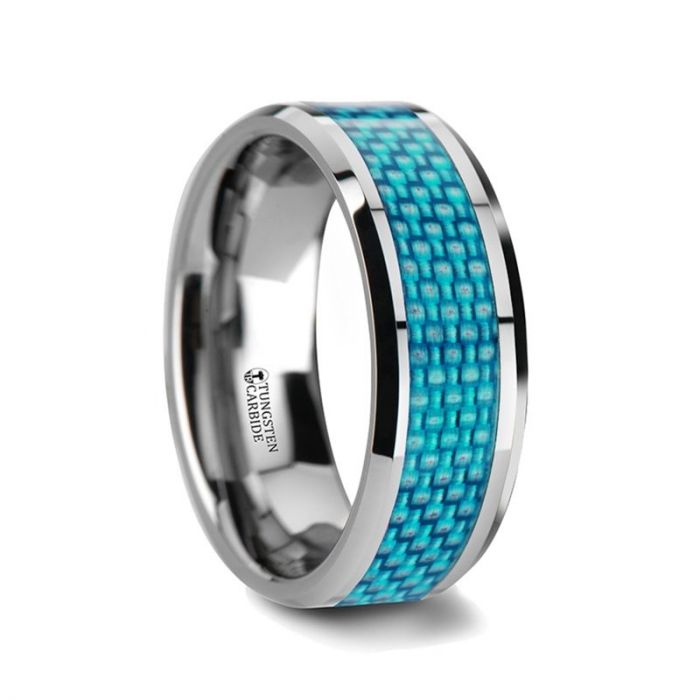 Tungsten Men's Wedding Band with Blue Carbon Fiber Inlay
