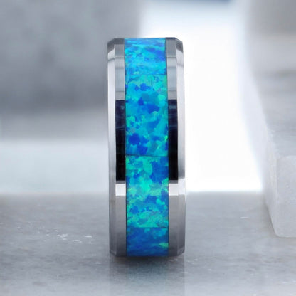 Tungsten Men's Wedding Band with Blue & Green Opal Inlay