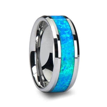 Tungsten Men's Wedding Band with Blue & Green Opal Inlay