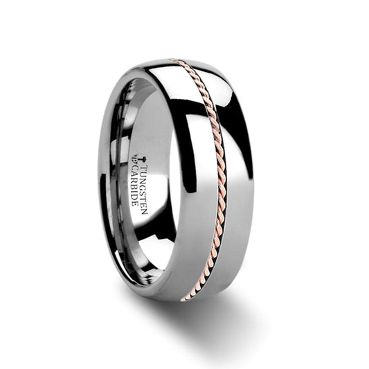 Tungsten Men's Wedding Band with Braided 14k Rose Gold Inlay