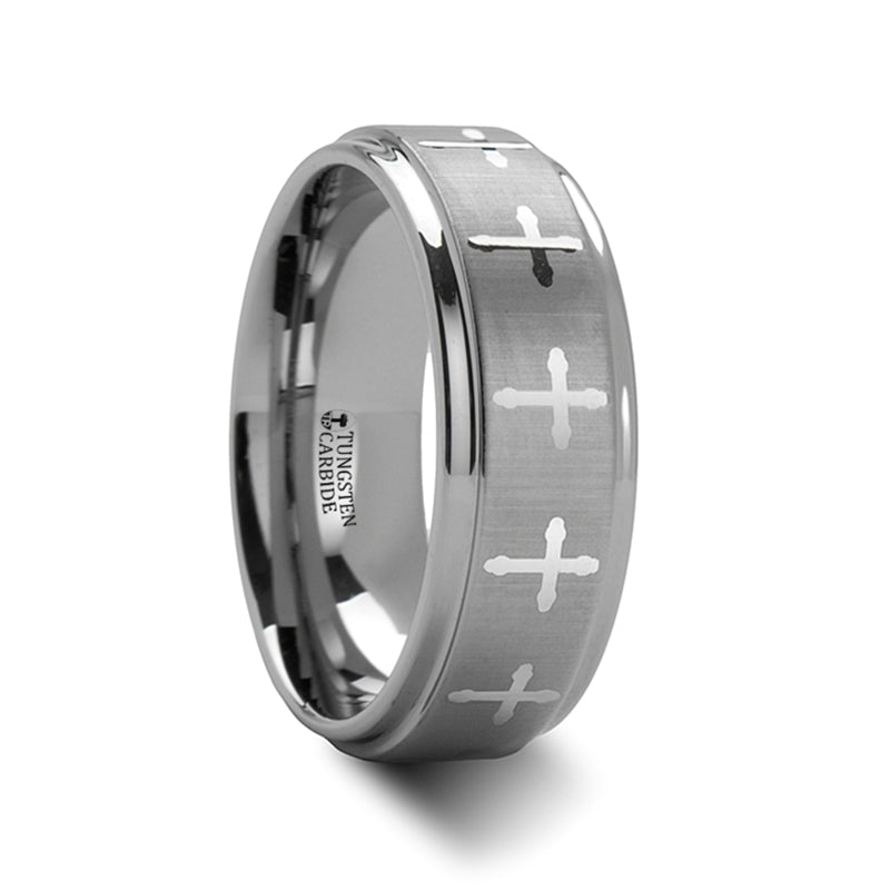 Tungsten Men's Wedding Band with Engraved Crosses