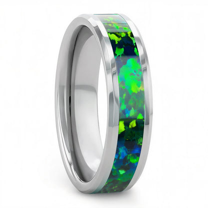 Tungsten Men's Wedding Band with Green & Blue Opal Inlay