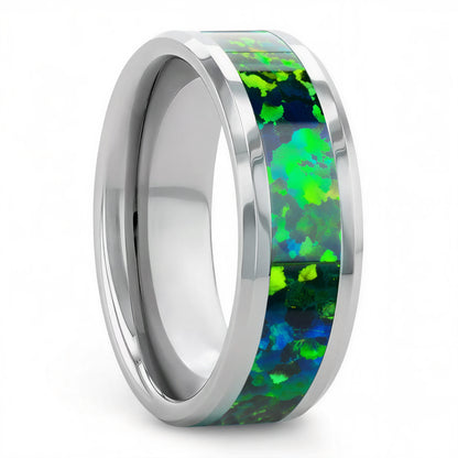 Tungsten Men's Wedding Band with Green & Blue Opal Inlay