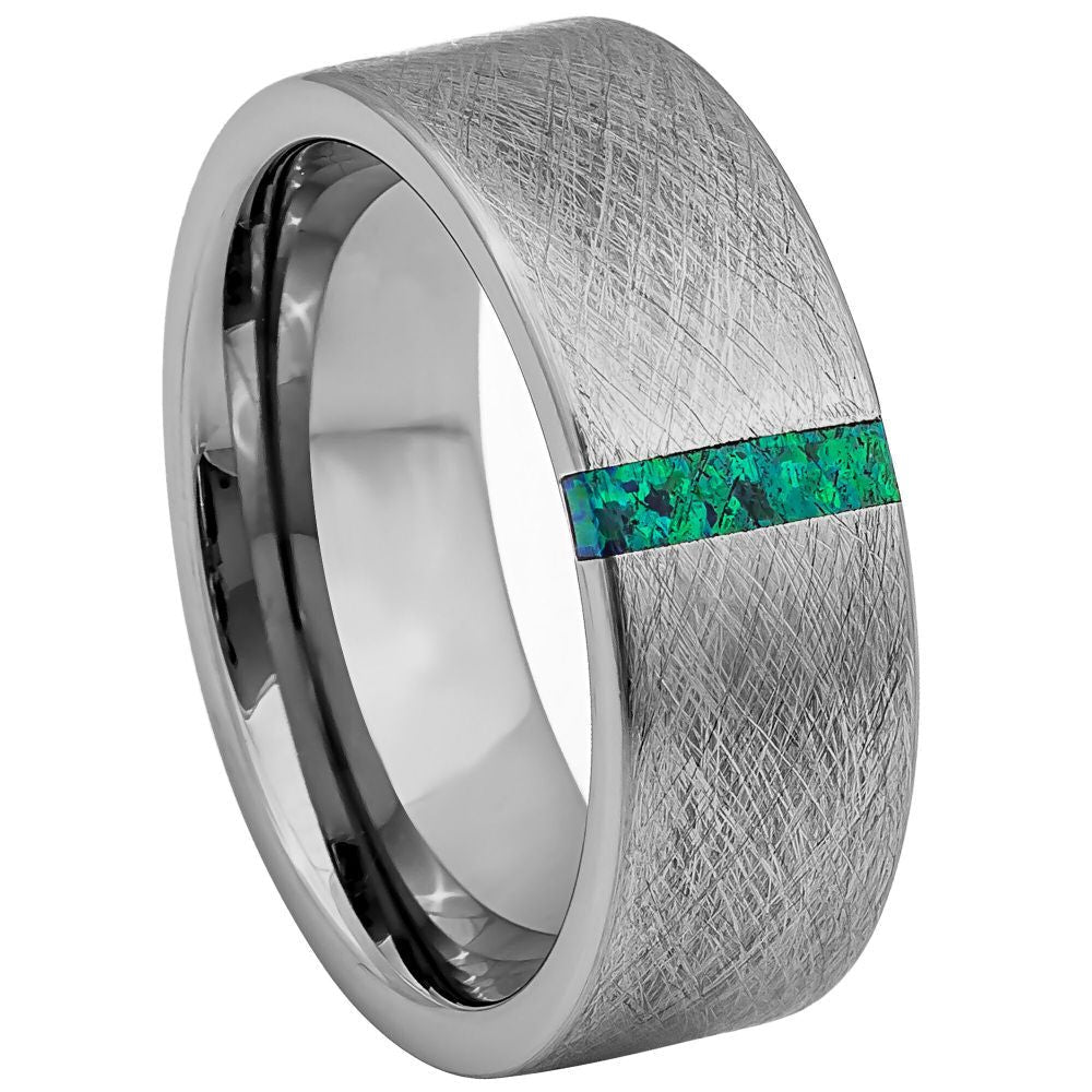 Tungsten Men's Wedding Band with Green Stone Inlay