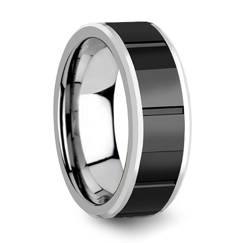 Tungsten Men's Wedding Band with Grooved Black Ceramic Center