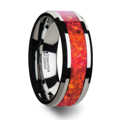 Tungsten Men's Wedding Band with Red Opal Inlay