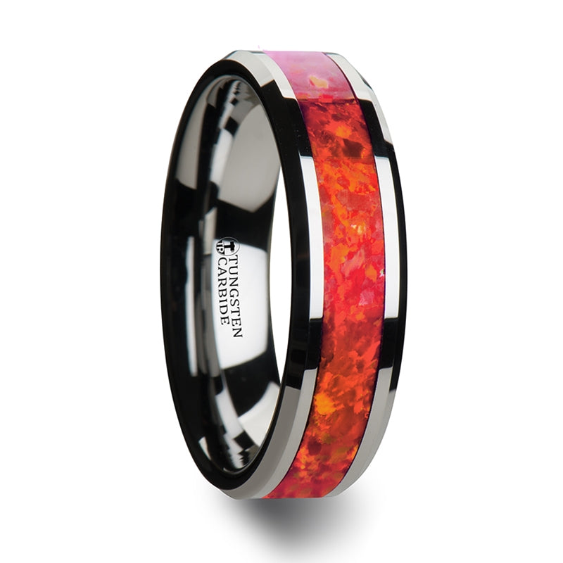 Tungsten Men's Wedding Band with Red Opal Inlay