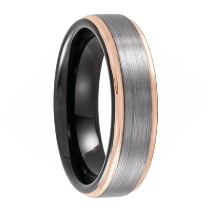Tungsten Men's Wedding Band with Rose Gold Edges and Black Interior