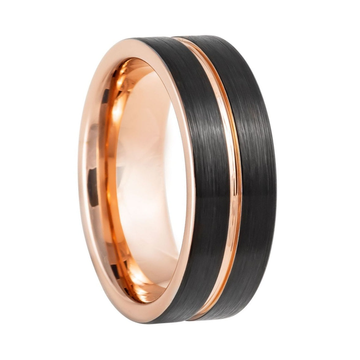 Tungsten Men's Wedding Band with Rose Gold Groove and Contrasting Interior