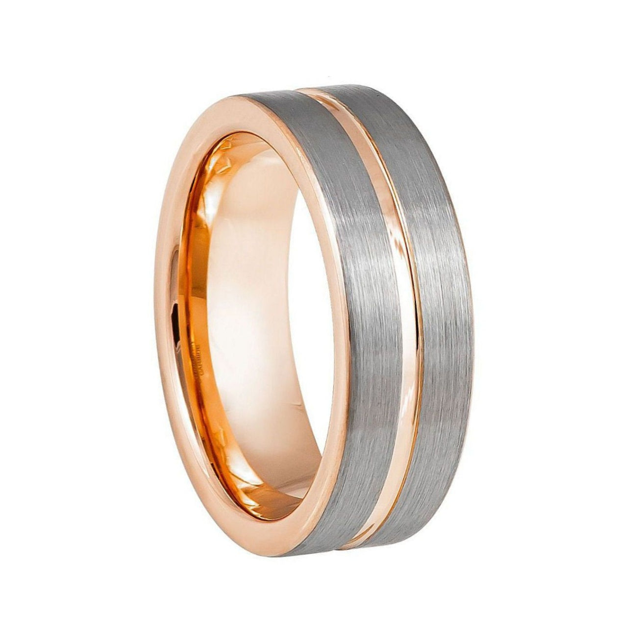 Tungsten Men's Wedding Band with Rose Gold Groove and Interior