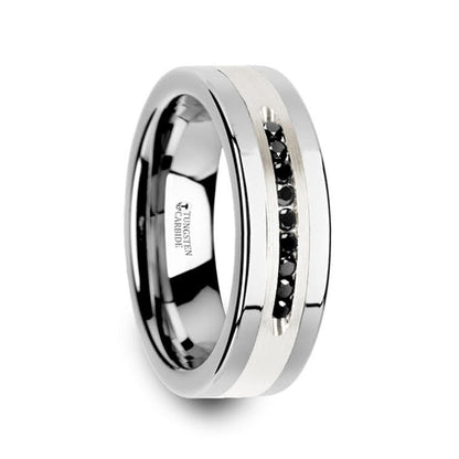 Tungsten Men's Wedding Band with Silver Inlay & 9 Black Diamonds